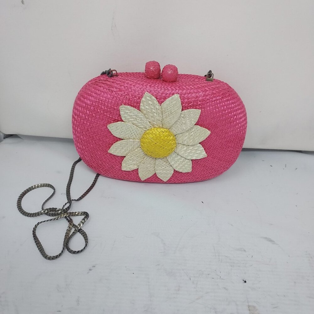 Serpui Pink Daisy Flower Straw Whicker Clutch Bag